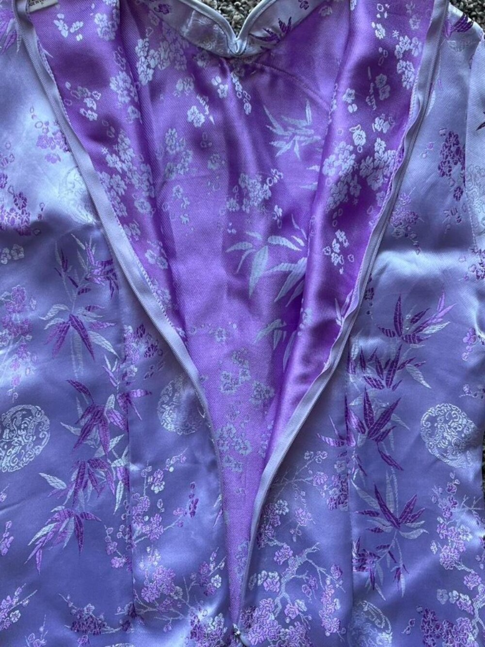 Purple Silver Floral Satin Cheongsam Dress Korean Floral Kawaii Elegant Formal - Picture 7 of 7